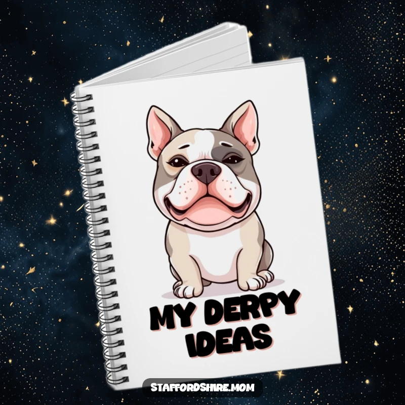 Funny Staffy notebook featuring a Staffordshire Bull Terrier with crossed eyes, ideal for notes.