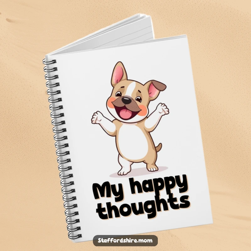 Funny Staffordshire terrier notebook, a dog happily dancing with paws lifted, perfect for writing and as a funny gift.