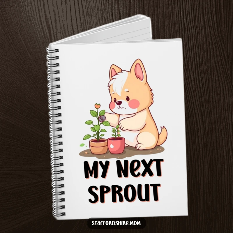 Funny notebook with a rosy-cheeked Staffordshire dog happily watering a small plant, ideal for garden logs or everyday notes.