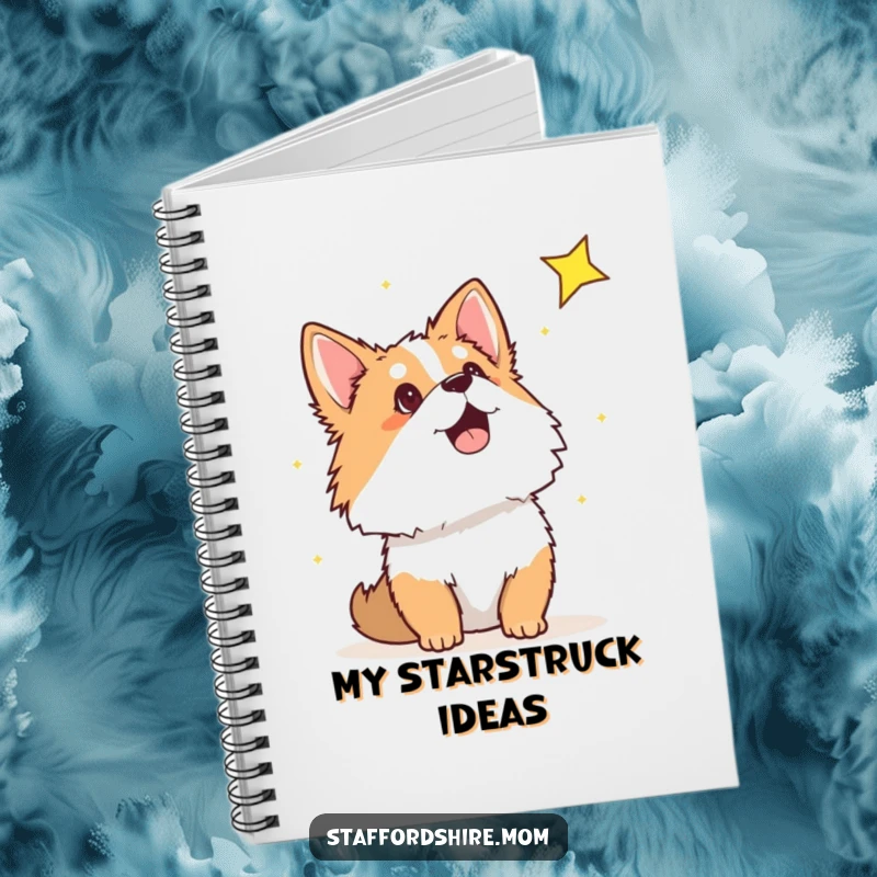 Funny Staffordshire notebook showing a dog looking up at a shooting star, ideal for journaling dreams and creative ideas.