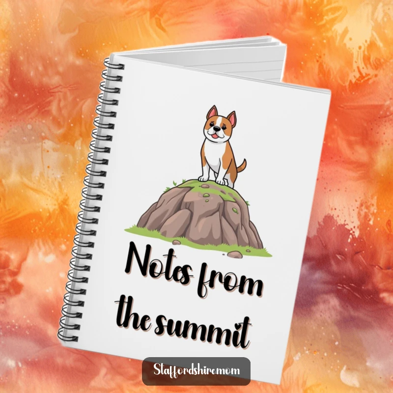 Funny Notebook featuring a brave Staffordshire dog standing atop a small hill, perfect for capturing brave ideas and humorous notes.