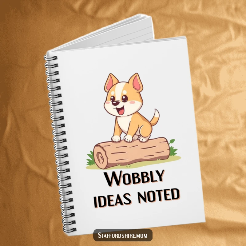 Funny Dog Notebook: A stocky dog with an eager expression attempts to balance on a small log, perfect for note-taking.