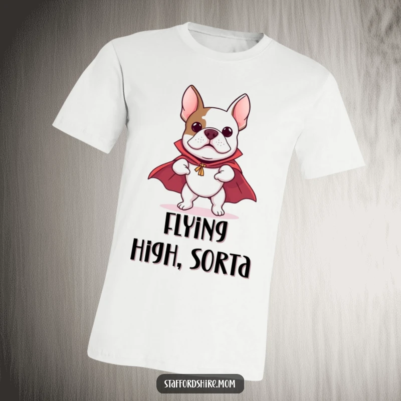 Funny Staffordshire Bull Terrier t-shirt featuring a dog in a cape, pretending to fly with heroic zeal, embodying playful bravery.