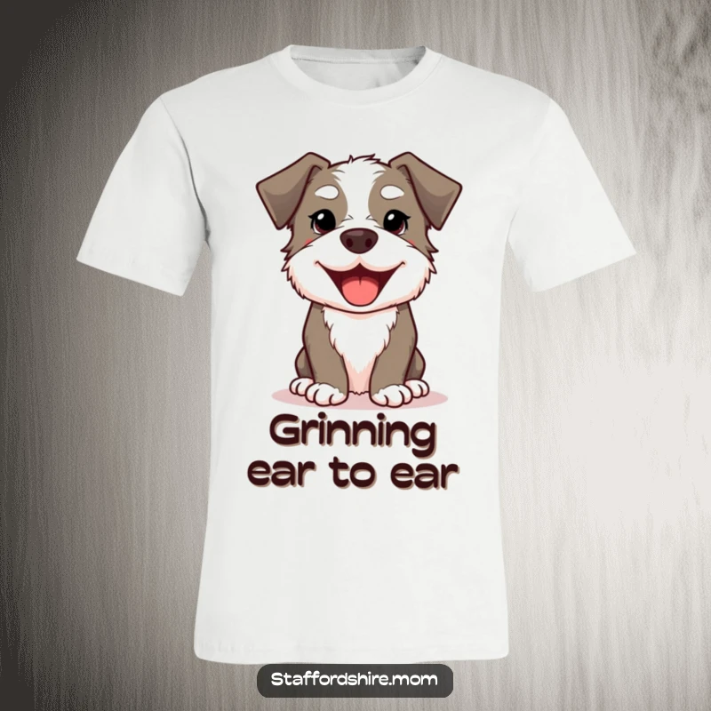 Funny Kawaii Staffordshire Dog T-Shirt with a cute, smiling dog showing a wide, happy doggy grin, a delightful wearable.
