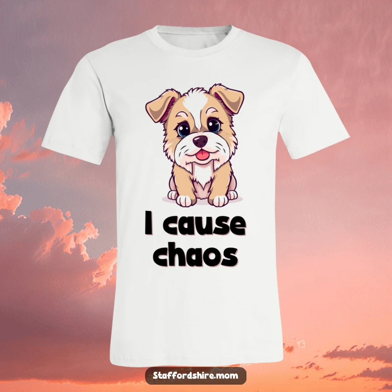 Funny Kawaii Staffordshire dog t-shirt showcasing a dog with a mischievous twinkle, ideal for those who love humorous and cute apparel.