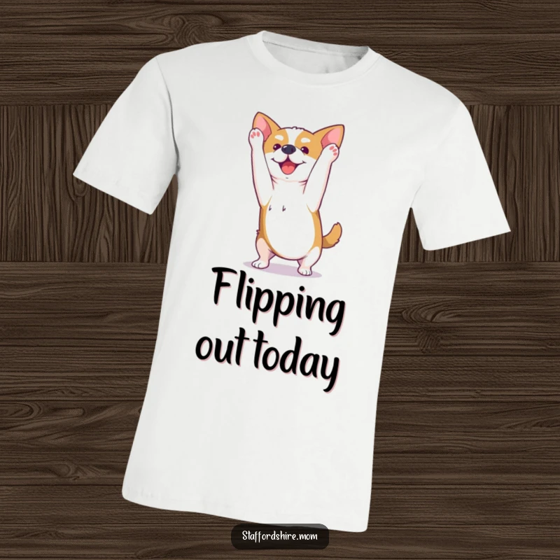 Funny Kawaii Staffordshire dog t-shirt depicting a happy pup performing a joyful little somersault, full of playful movement.
