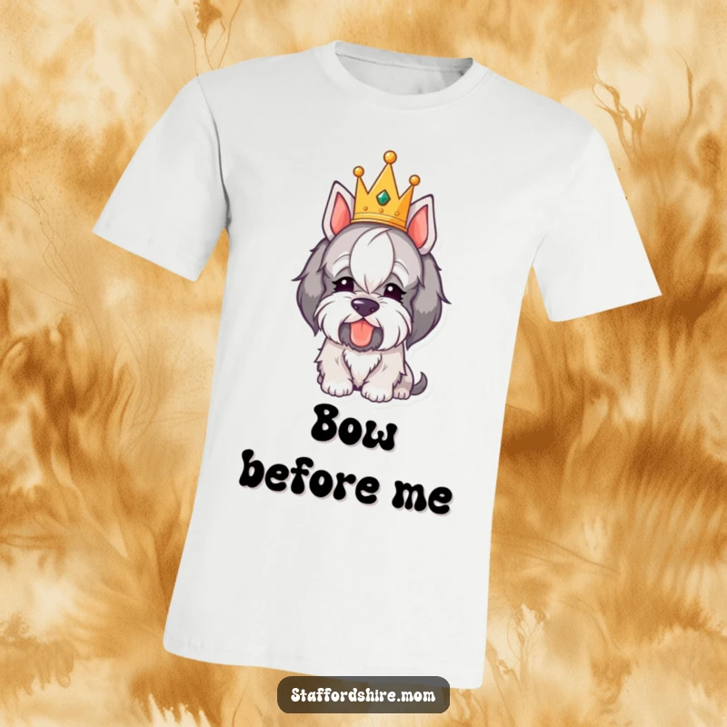 Funny Royal Staffordshire T-Shirt: A dog sporting a small crown, humorously bowing its head in a regal gesture.