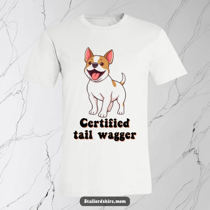 Funny Staffordshire Bull Terrier t-shirt featuring a dog hilariously wiggling its tail with extreme happiness and energy.