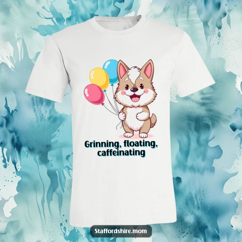 Funny Staffordshire t-shirt of a dog with a huge grin, holding a bunch of balloons, radiating pure joy and fun.