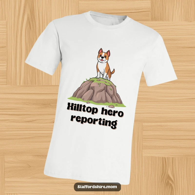 Funny T-Shirt showing a brave Staffordshire dog standing tall on a small hill, exuding confidence and a funny adventurous spirit.