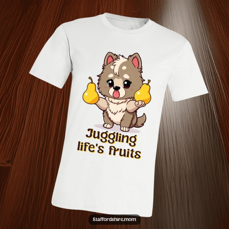 Funny Staffordshire t-shirt with a determined dog juggling glowing pears, celebrating focus and talent.