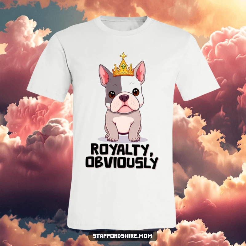Funny Royal Staffy T-shirt featuring a Staffordshire Bull Terrier adorned with a sparkly crown, striking a pose.