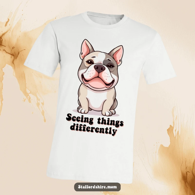 Funny Staffy t-shirt featuring a Staffordshire Bull Terrier making a hilarious silly face with crossed eyes.