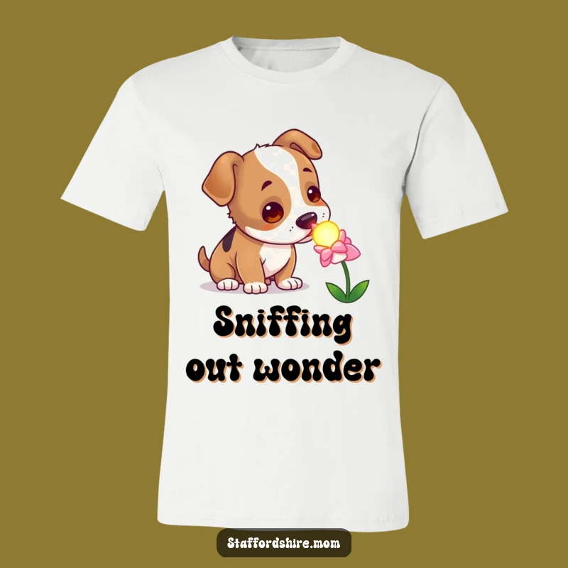Funny Curious Staffy T-Shirt, Enchanted Dog Flower Tee, Whimsical Pet Lover Gift