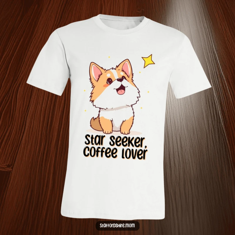 Funny Staffordshire t-shirt showing a dog looking up in awe at a shooting star, radiating excitement and innocent wonder.