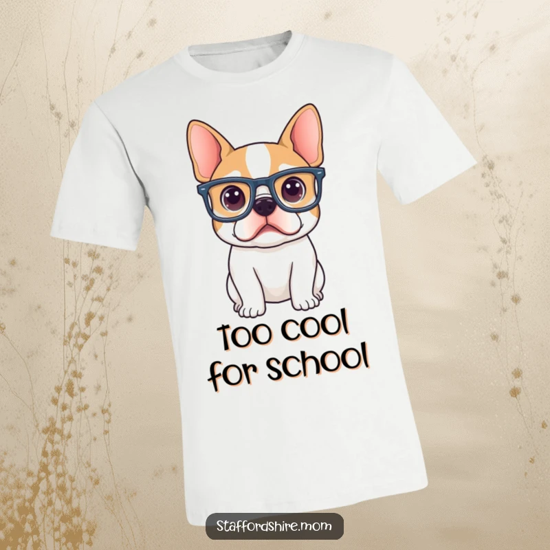 Funny Staffordshire terrier sporting comically large glasses, peering out with a curious and thoughtful expression on this t-shirt.
