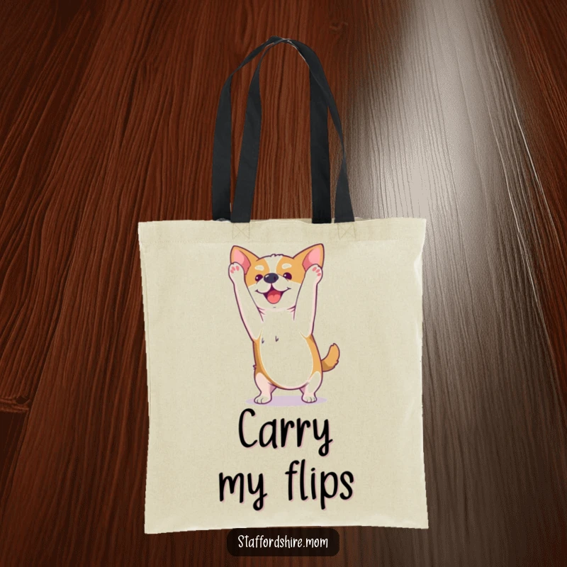 Funny Kawaii Staffordshire dog tote bag showcasing a happy pup mid-somersault, perfect for carrying essentials with a playful flair.