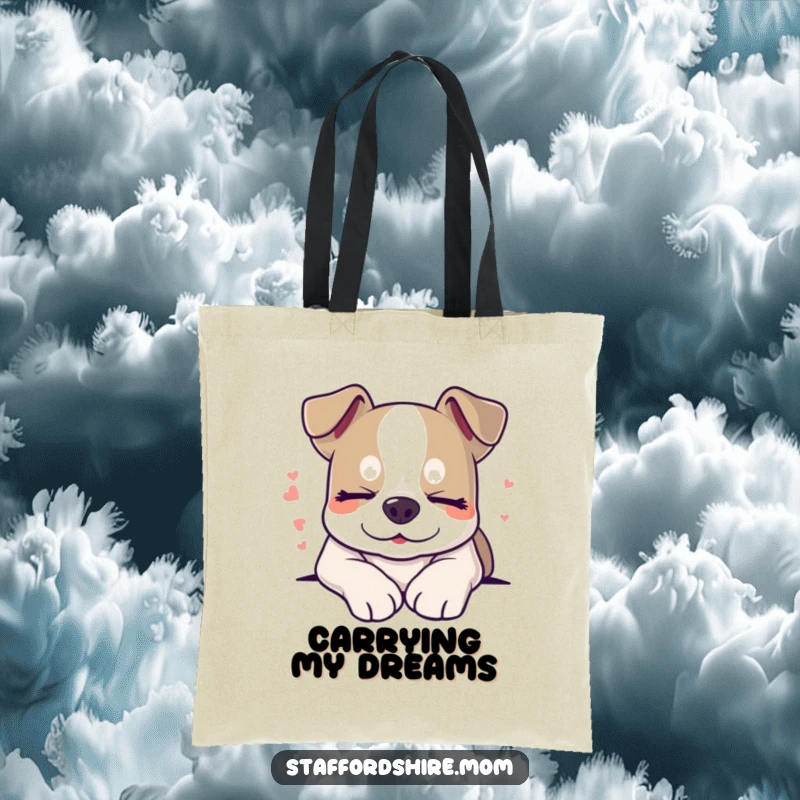 Funny sleepy Staffordshire dog tote bag, smiling with closed eyes, peaceful and humorous accessory.