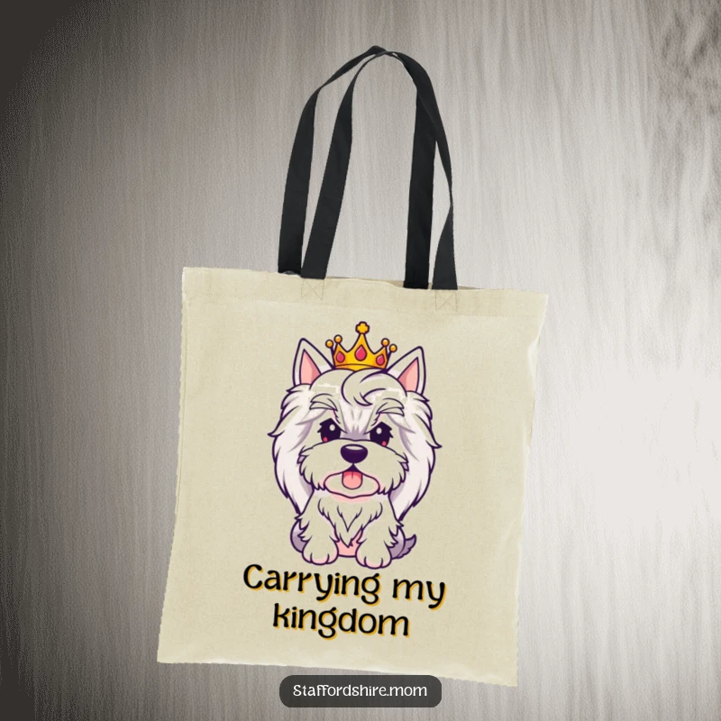 Funny Royal Staffy tote bag with a dog wearing a crown, perfect for carrying items with regal flair.