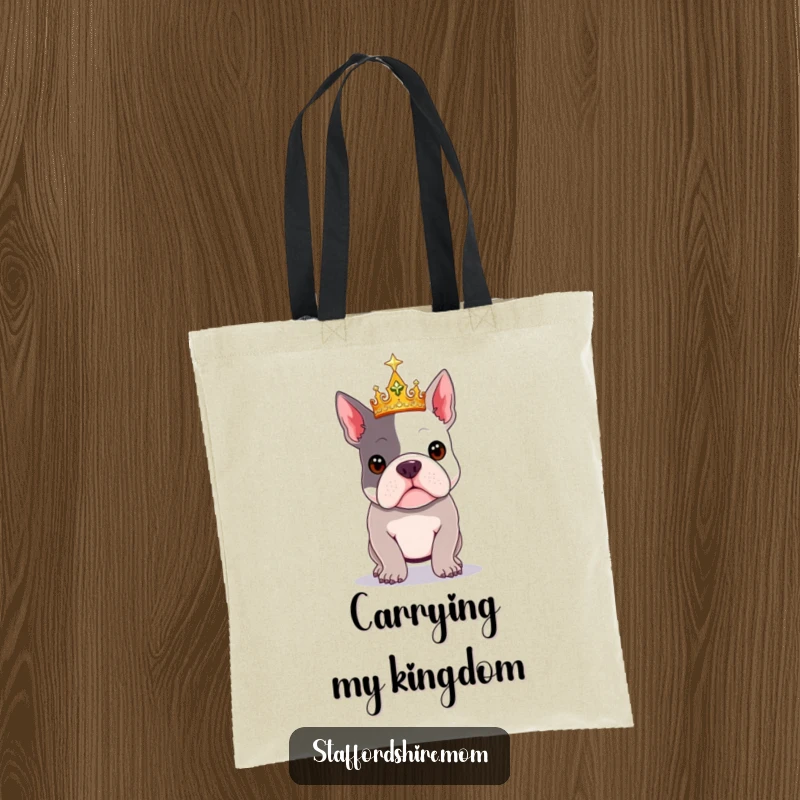 Funny Royal Staffy tote bag featuring a majestic Staffordshire Bull Terrier wearing a sparkly crown.