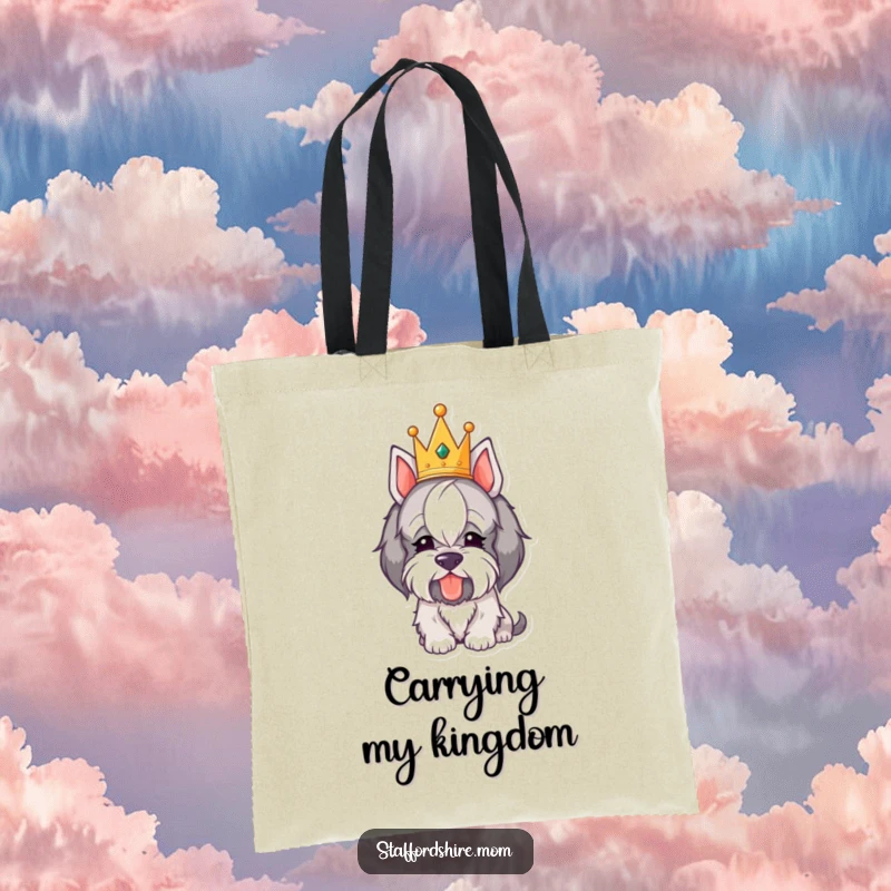 Funny Royal Staffordshire Tote Bag: Features a crowned dog humorously bowing its head, serving style and a chuckle.