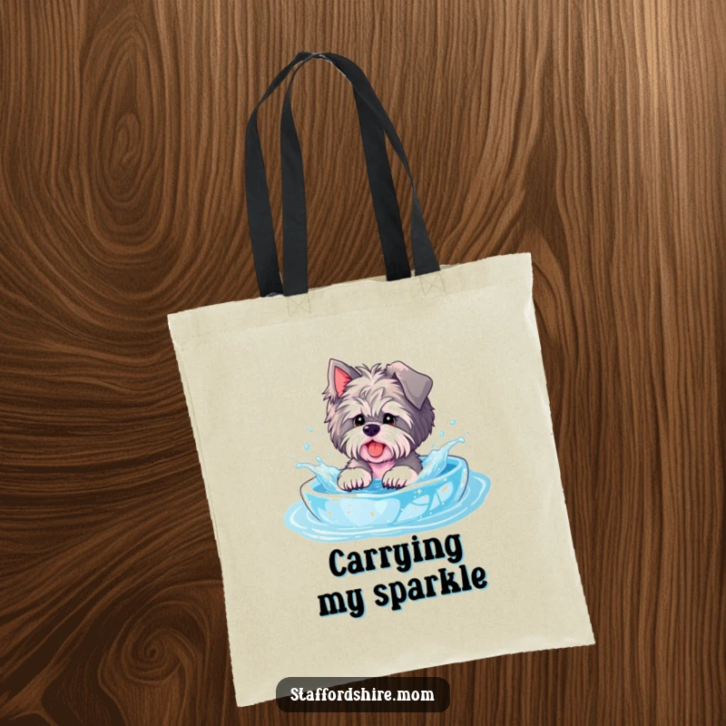 Funny Staffordshire tote bag, a dog playfully splashes in a pool, symbolizing cheerful errands and portable fun.