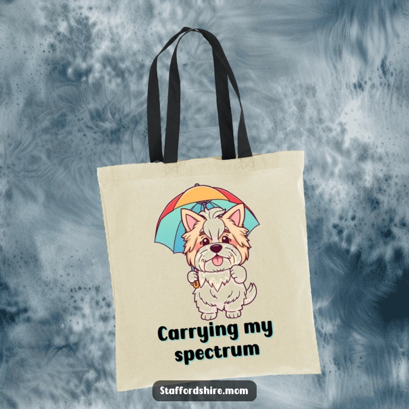 Funny tote bag with a friendly Staffordshire dog waving hello and holding a vibrant rainbow umbrella, perfect for shopping or daily use.