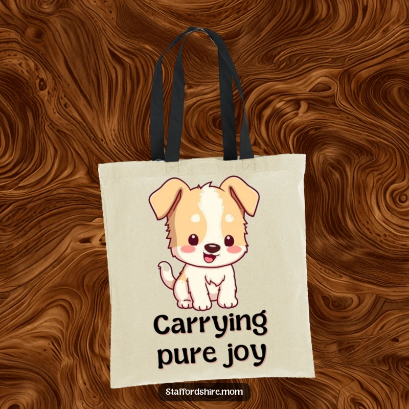 Funny Kawaii Staffordshire Tote Bag: Features a cute dog with floppy ears wagging its tail, ideal for errands and smiles.
