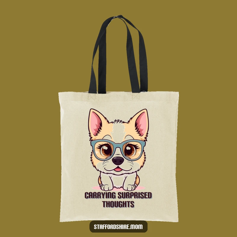 Funny Kawaii Staffy Glasses Tote Bag: Surprised Dog for Quirky Errands!