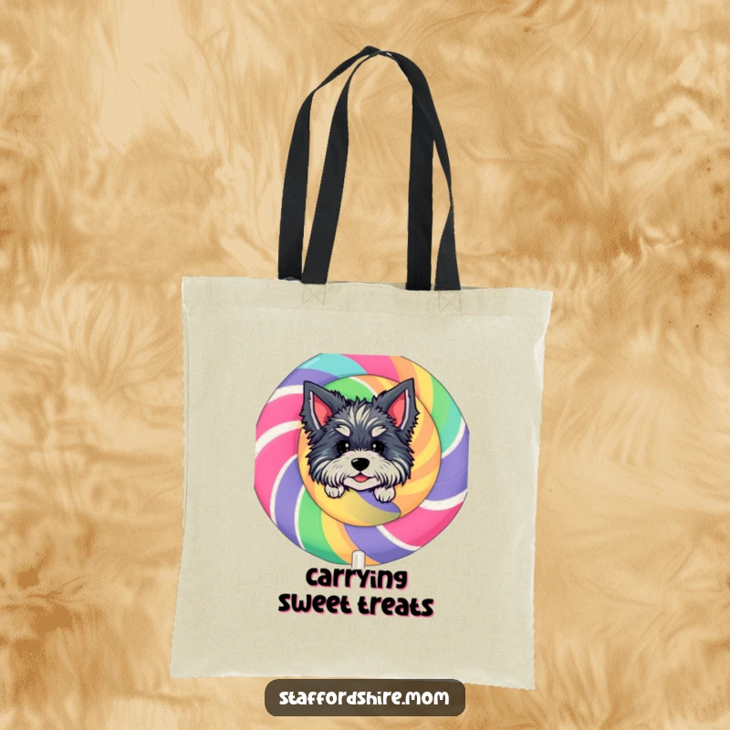 Funny Staffordshire Lollipop Tote Bag: Features a character peeking from behind a giant lollipop, adding a touch of sweetness to errands.
