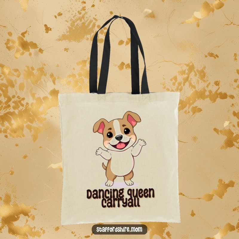 Funny Staffordshire Bull Terrier tote bag showcasing a dog doing a funny dance with its ears flying, perfect for stylish, humorous shopping.