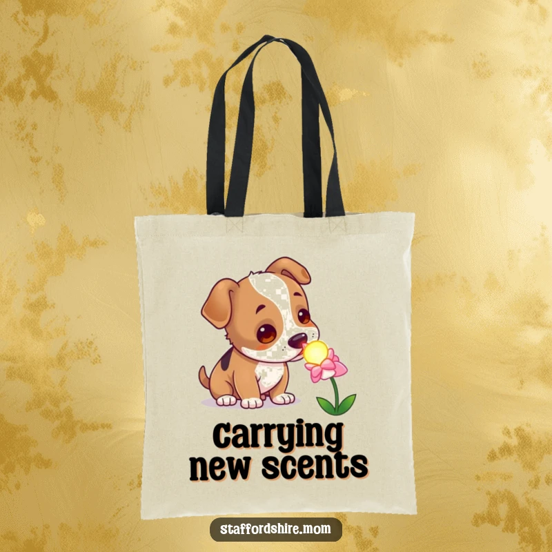 Funny curious Staffordshire dog tote bag, sniffing a glowing flower, whimsical pet accessory.
