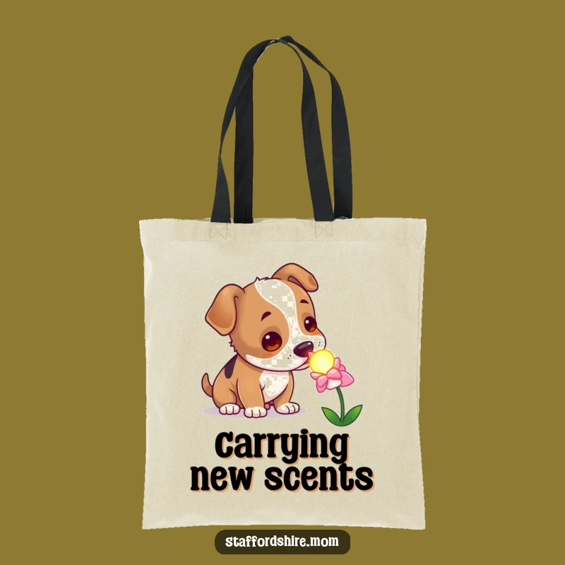 Funny Curious Staffy Tote Bag, Enchanted Dog Flower Bag, Whimsical Gift Accessory