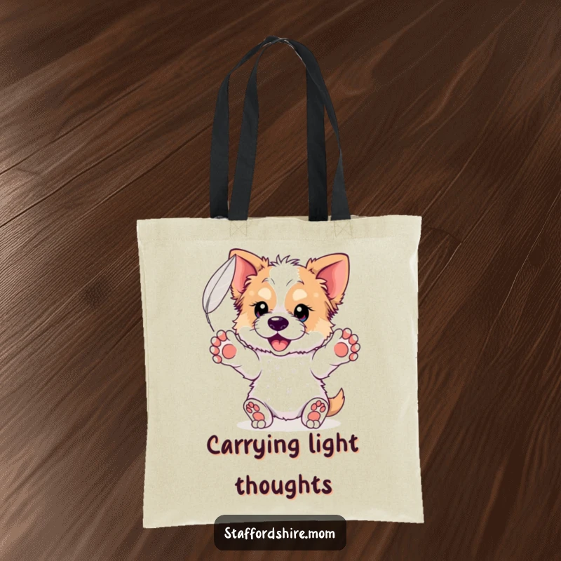 Funny Staffordshire Feather Tote Bag: Features a dog with paws outstretched catching a floating feather, adding serene style to errands.