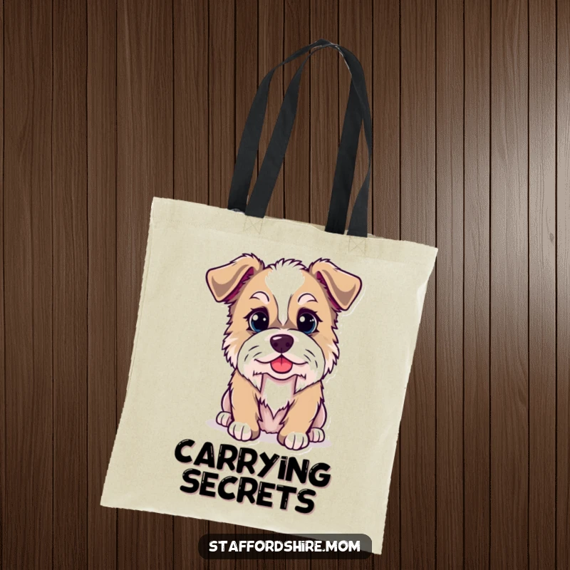 Funny Kawaii Staffordshire dog tote bag, functional and fashionable, displaying a dog with a mischievous twinkle, great for everyday use.