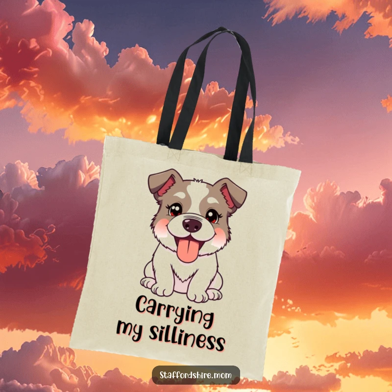 Funny Kawaii Staffordshire Dog Tote Bag featuring a cute dog with a silly, happy expression and panting tongue out, practical and goofy.