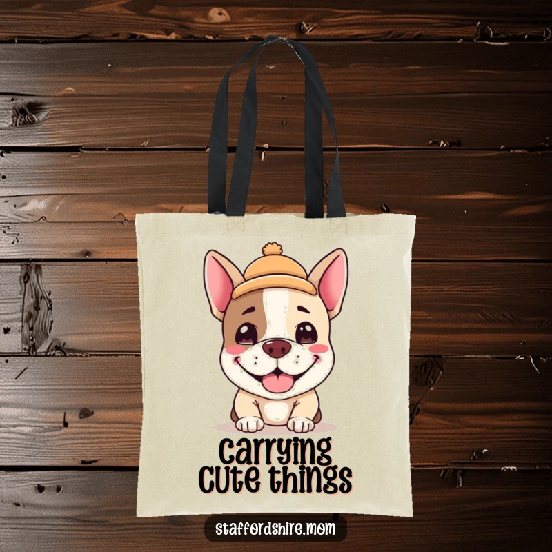 Funny Kawaii Staffordshire terrier tote bag, an adorable dog with a silly grin and a tiny hat, perfect for shopping and as a funny gift.