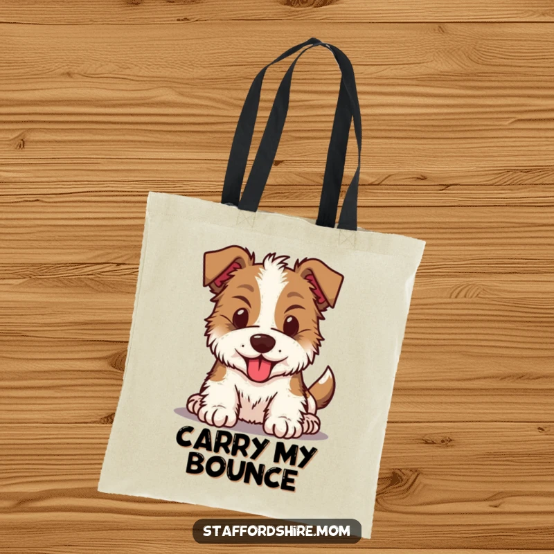 Funny Kawaii Staffordshire dog tote bag showcasing an energetic pup with a prominently bouncing head, ideal for carrying essentials.