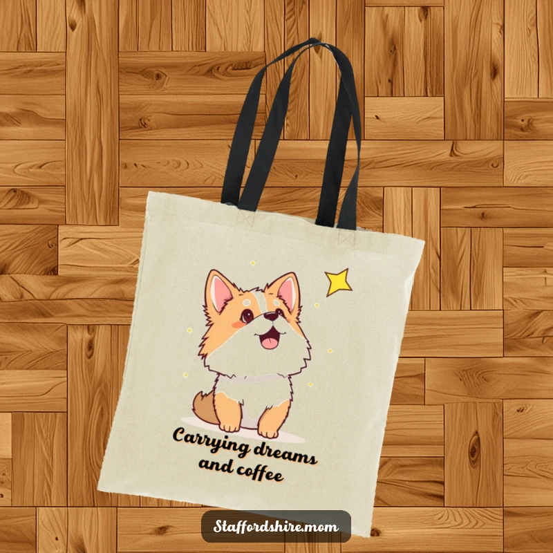 Funny Staffordshire tote bag with a dog looking up at a shooting star, perfect for carrying daily items with a touch of wonder.