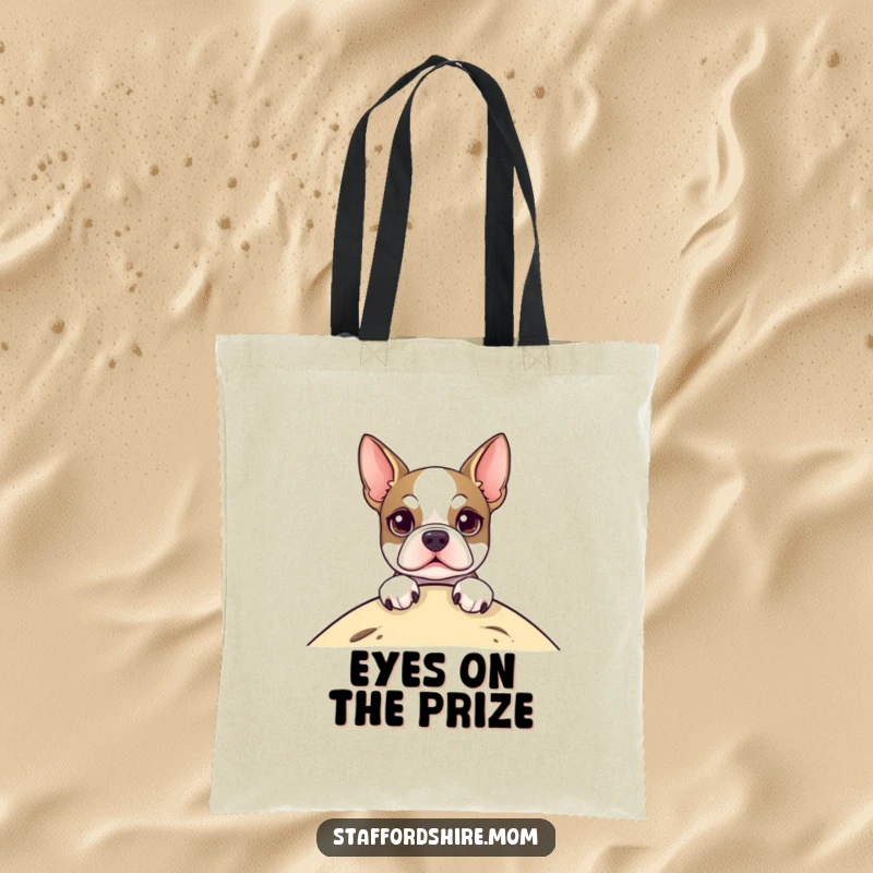 Funny Tote Bag with a happy Staffordshire Terrier peeking over a hill, cute and ready for any adventure, a perfect accessory.