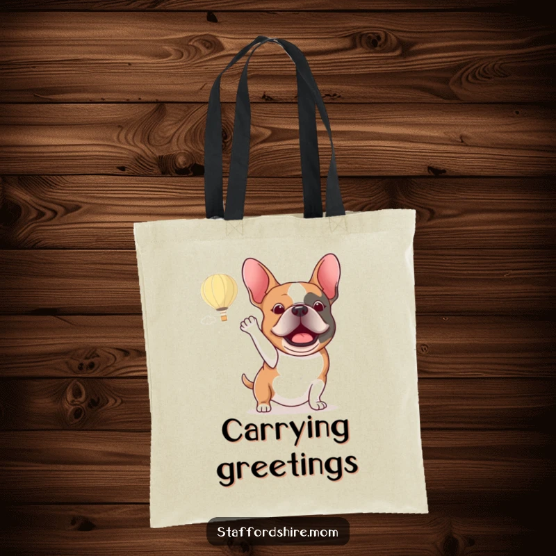 Funny Staffordshire bull terrier tote bag depicting an excited dog energetically waving at a passing hot air balloon.