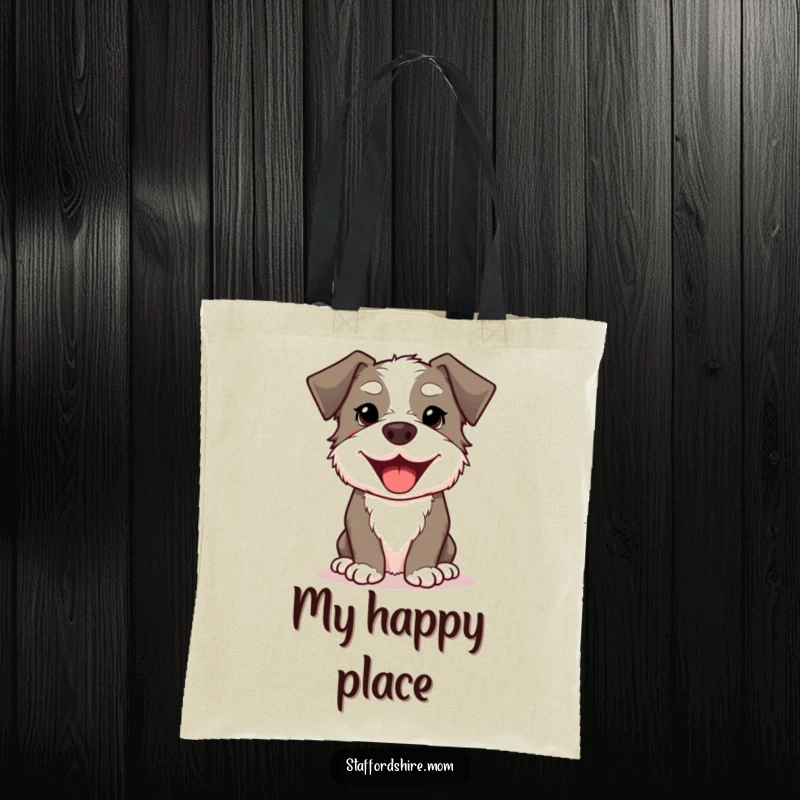 Funny Kawaii Staffordshire Dog Tote Bag featuring a cute, smiling dog with a wide, happy doggy grin, a cheerful accessory.